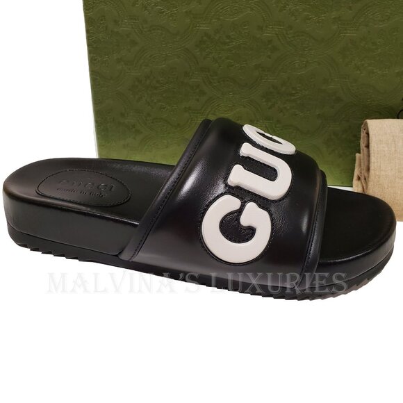 GUCCI SHOES MENS BLACK LEATHER JUMBO LOGO SLIDES FLATS SANDAL sz 8 / 8.5 US - Picture 13 of 15